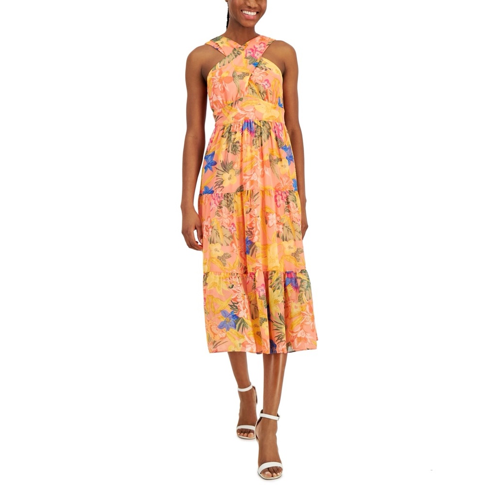 Anne Klein Coral Punch Multi maxi dress floral criss cross size 2 NWT